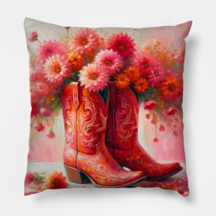 Preppy cowgirl pink heeled boots with flowers art Pillow