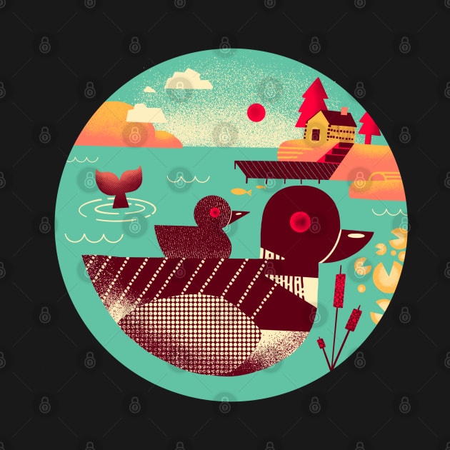 1950s Retro Loon Bird on a Lake by narwhalwall