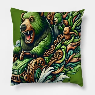 Animated Bears Riding a Green Car in a Vibrant Fantasy Illustration Pillow