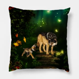 Awesome wolf with pup in the forest Pillow