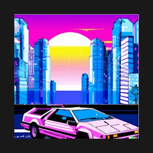 vaporwave city with 80s 90s style sportscar retrowave skyscrapers T-Shirt