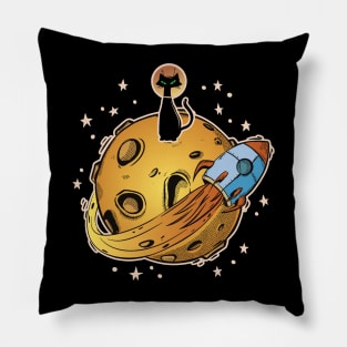 Cat in Space - Funny Space Cat with Rocket and Moon Graphic Pillow