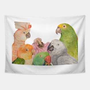 Watercolor of parrots: Cockatoo, caique, great alexander, African gray, baby macaw and amazon Tapestry