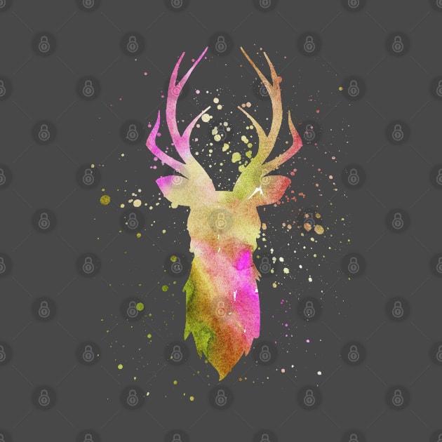 Purple Green watercolor deer head by TheBlackCatprints