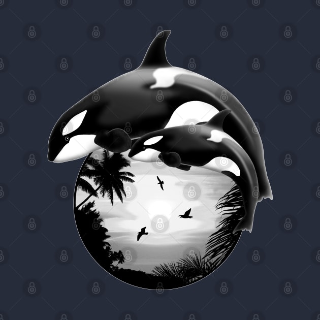 Orcas on Tropical Sunset by NicGrayTees