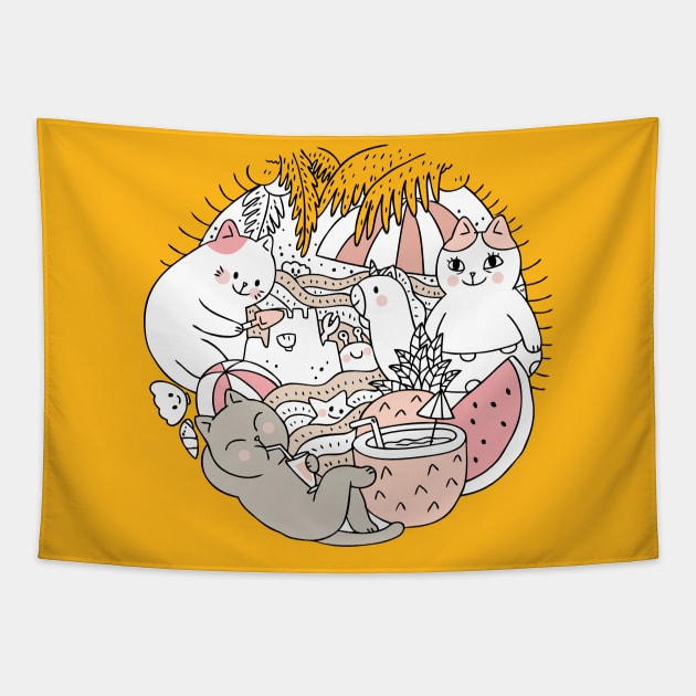 cartoon cute summer cat Tapestry by Mako Design 