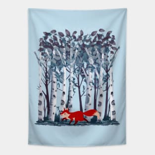 The Birches, fox and watercolor style Tapestry