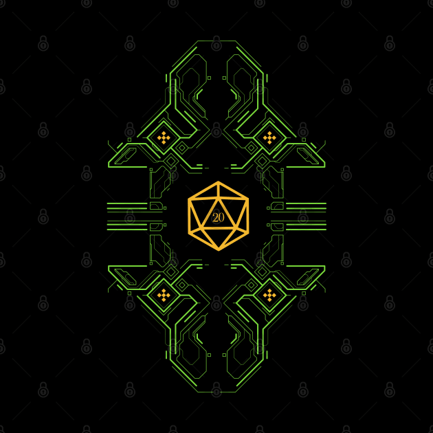 Futuristic Lines Geometric Yellow and Green Polyhedral D20 Dice by pixeptional