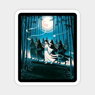 Enchanted Kitsune Parade in Bamboo Forest Under Full Moon Magnet
