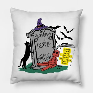 illustration of a graveyard tombstone and elements of witches represents a spell in process. Pillow