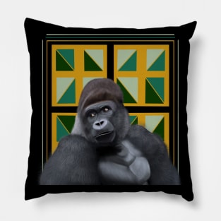 Sitting Silverback Gorilla Yellow Green Geometric Pillow