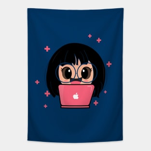 Cute Girl with Laptop Cartoon Tapestry