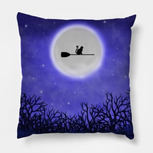 Meowloween Night Flight of a Witch Cat Pillow