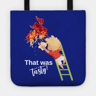 funny design with ketchup stain and kid, for dark background Tote