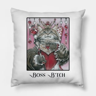 Queen of Hearts Cat - Boss B*tch - Black Outlined Version Pillow