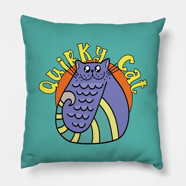 Quirky Cat Striped Blue Cat Pillow by Dallen Fox