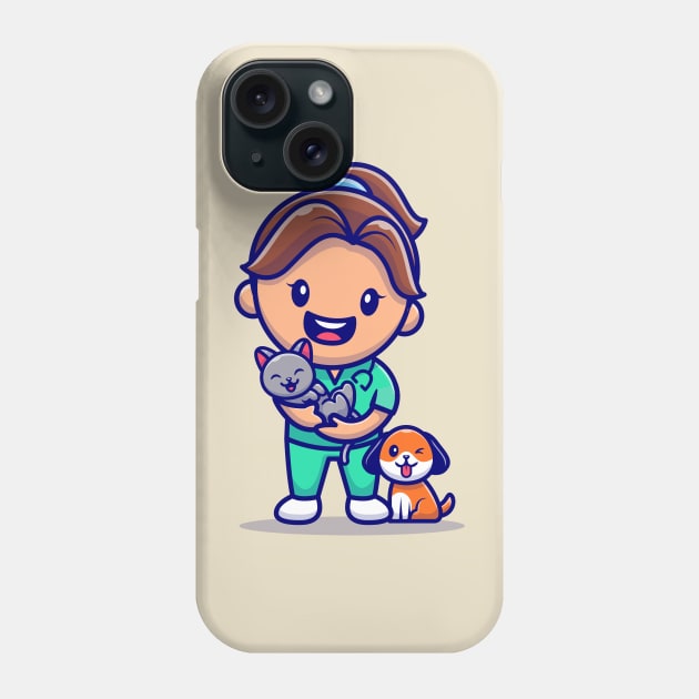 Cute Girl With Cat And Dog Cartoon Phone Case by Catalyst Labs