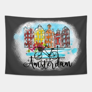 Amsterdam skyline. Spring view with houses and bicycle with flowers in the basket Tapestry