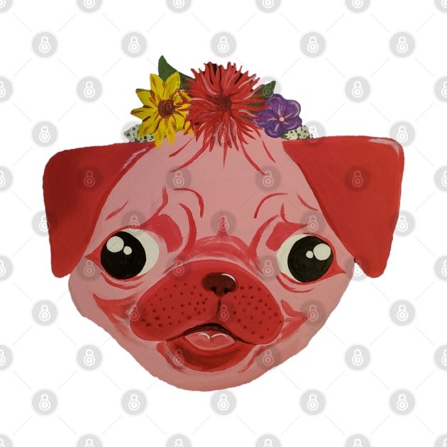 Pink Flower Crown Pug by Art by Bronwyn