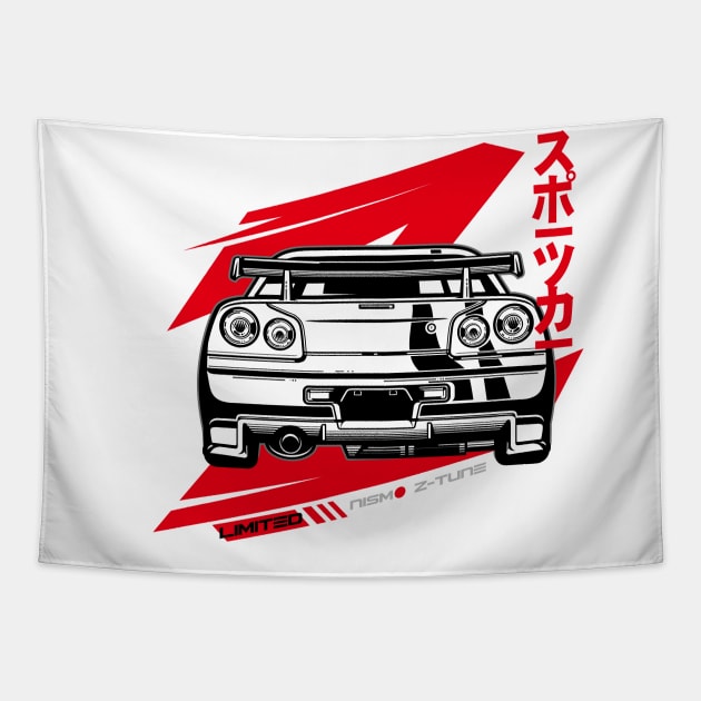 Nissan R34 Back view Tapestry by Tjhtt Autoarts