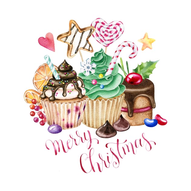 Watercolor  Christmas cupcakes by Simple Wishes Art