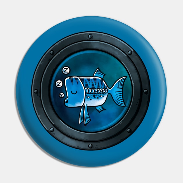 A Sleepy Blue Fish framed by a Porthole Pin by Wozzozz