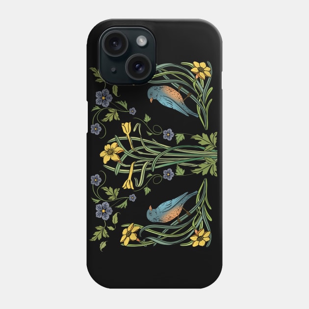 Art Nouveau Bluebirds, Sunflowers And Daffodils Phone Case by LittleBunnySunshine