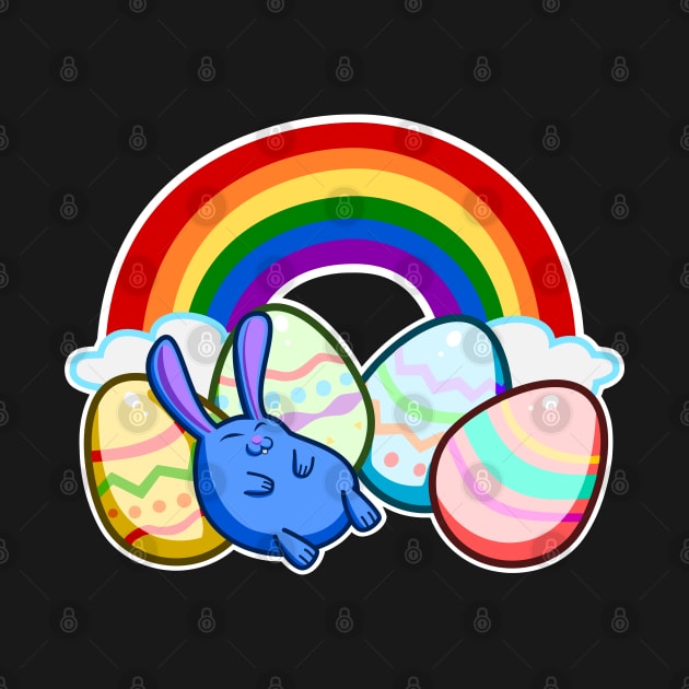 Easter Rainbow Blue Bunny Rabbit Sleeping On Colorful Eggs by CrocoWulfo