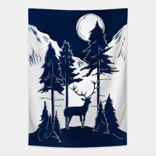 Stag in Moonlit Mountains Linocut Tapestry