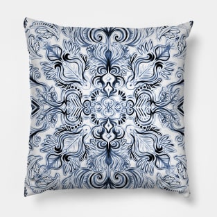 Indigo, Navy Blue and White Calligraphy Doodle Pattern Pillow