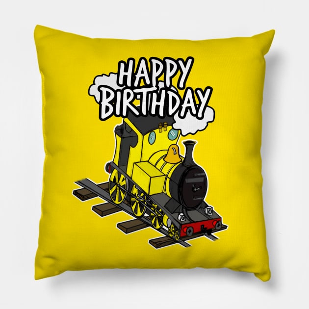 Birthday Train Steam Locomotive Railway Model Railroad (Yellow) Pillow by doodlerob