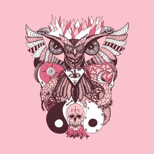 Pink and White Owl And Ageless Skull T-Shirt