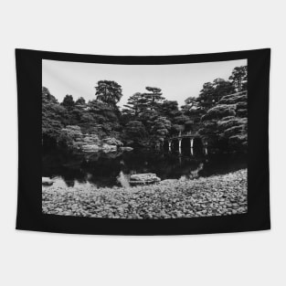 Black and White Shot of Bridge in Large Japanese Garden Tapestry