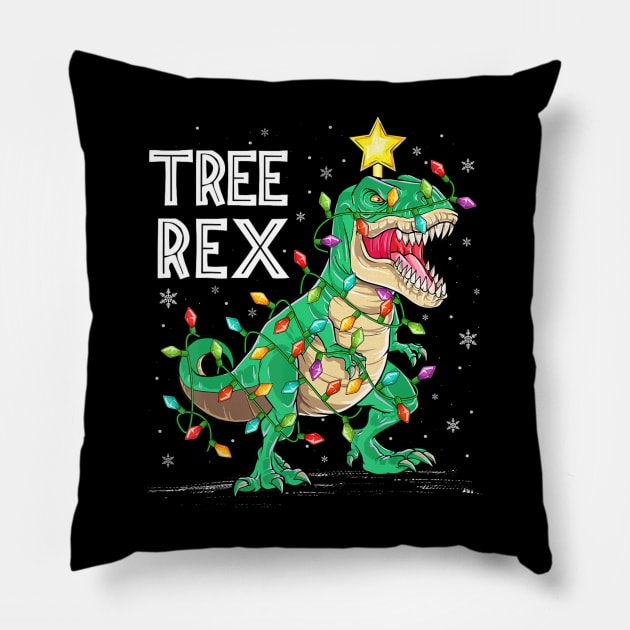 Tree rex Dinosaur Xmas Lighting Santa Dinosaur Christmas Pillow by Mitsue Kersting