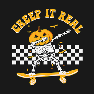 Funny Creep It Real Skateboarding Dabbing Skeleton Pumpkin T-Shirt