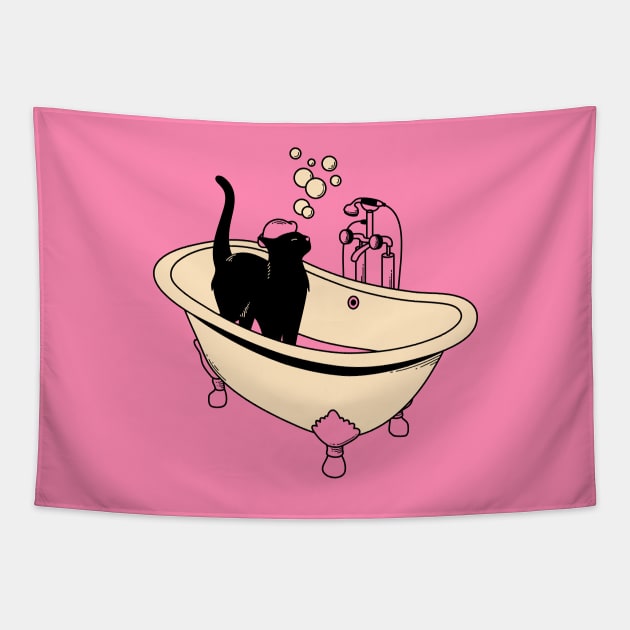 Spa Day Black Cat in pink Tapestry by The Charcoal Cat Co.