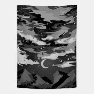 Dark cloudy sky above mountains with a crescent moon Tapestry