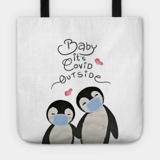 Baby Its Covid Outside Penguin Couple - Cute Christmask Penguins Tote