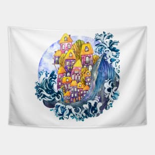 Whimsical Houses with Humpback Whale Tapestry