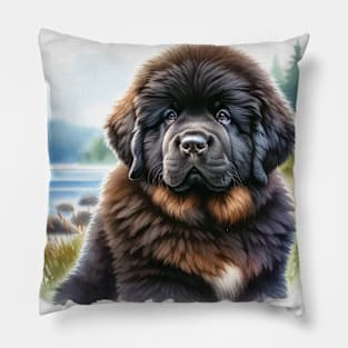 Watercolor Newfoundland Puppies Painting - Cute Puppy Pillow