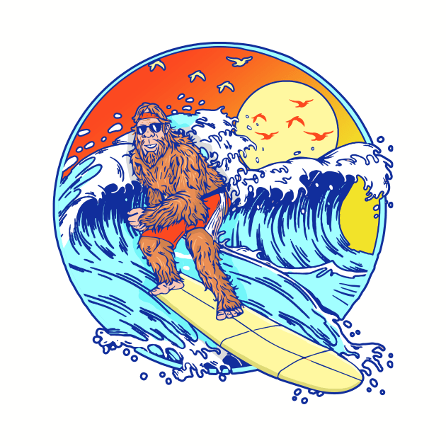 Surfing Bigfoot Funny Beach Sasquatch Surfer Waves Retro 80s by GIANTSTEPDESIGN