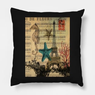 music notes ocean seashells vintage eiffel tower Pillow