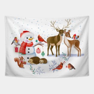 Winter forest animals with snowman Tapestry