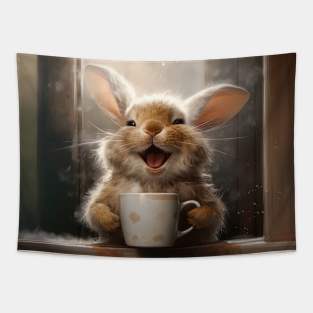 laughing rabbit with a cup of coffee Tapestry