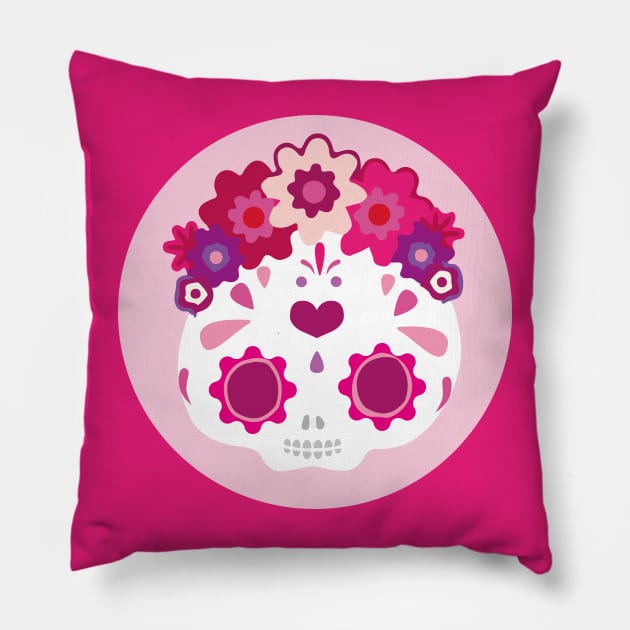 Kawaii mexican sugar skull adorable pink flower headband cute day of the dead Pillow by T-Mex