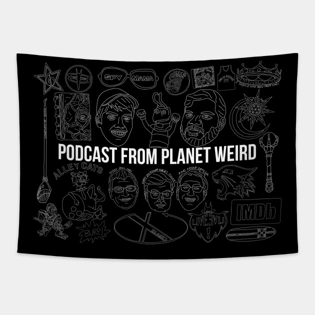 Doodles (white on black) Tapestry by PlanetWeirdPod