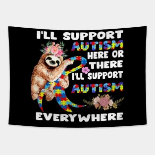 I_ll Support Autism Here Or There Sloths Ribbon Autism Tapestry