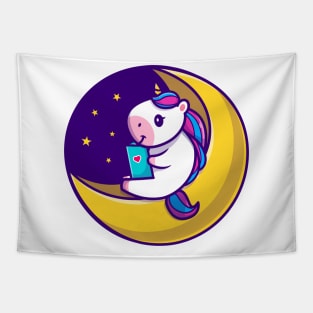 Cute Unicorn Reading Book On Moon Cartoon Tapestry