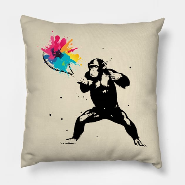 Tennis Chimpanzee Paint Splash Pillow by DesignArchitect