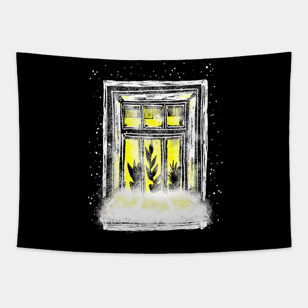 A winter window with a bright light. Christmas and new year drawing Tapestry by Lena Sfinks